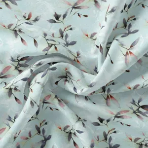 Bluish Thin And Light Leaves Digital Printed Fabric - Kora Silk