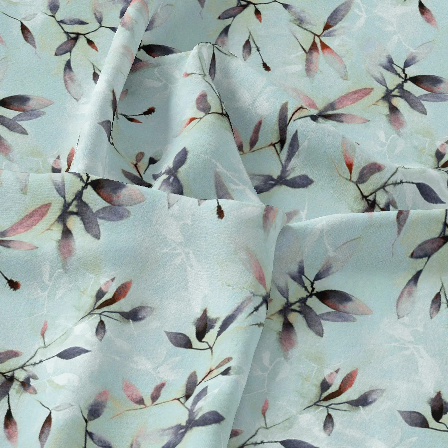 Bluish Thin And Light Leaves Digital Printed Fabric - Kora Silk