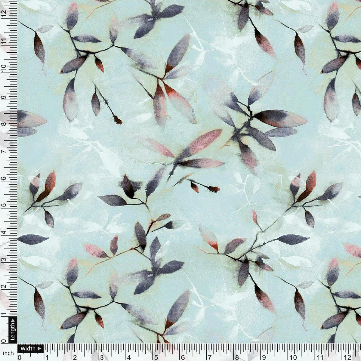 Bluish Thin And Light Leaves Digital Printed Fabric - Kora Silk