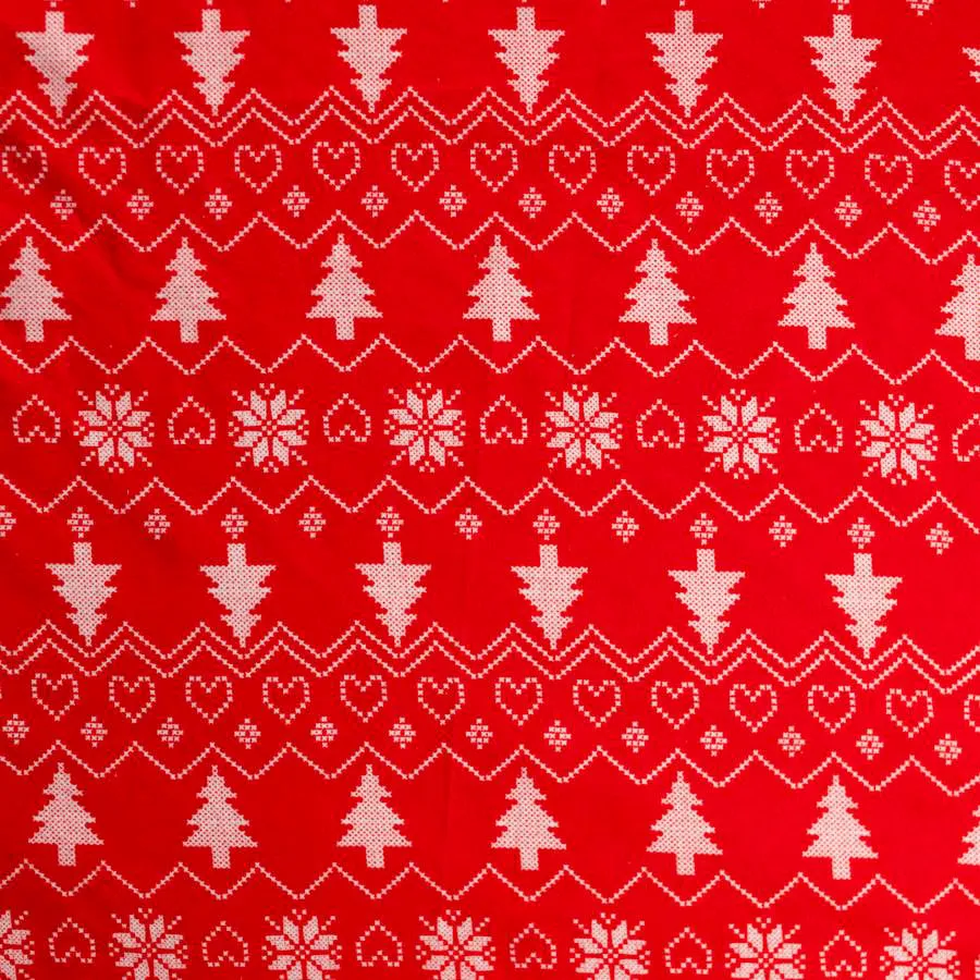 Christmas Pine Tree, Hearts Snow on Red Printed Flannelette