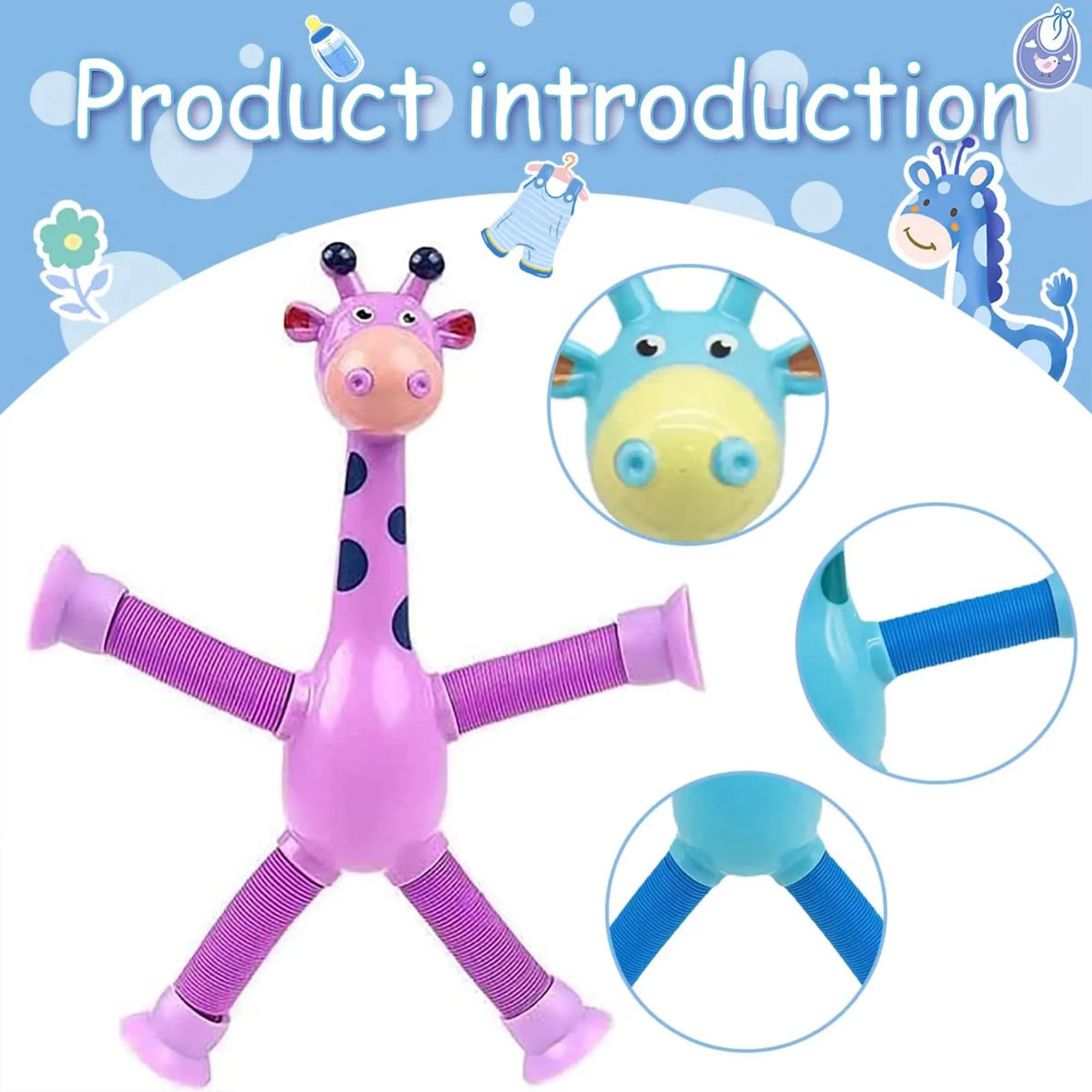 Kidology Telescopic Suction Cup Giraffe Toy, LED Telescopic Pipe with Suction Cup, Shape-Changing Stretch Tube, Parent-Child Interactive Toy Random Colors (Giraffe Figure Set of 6)