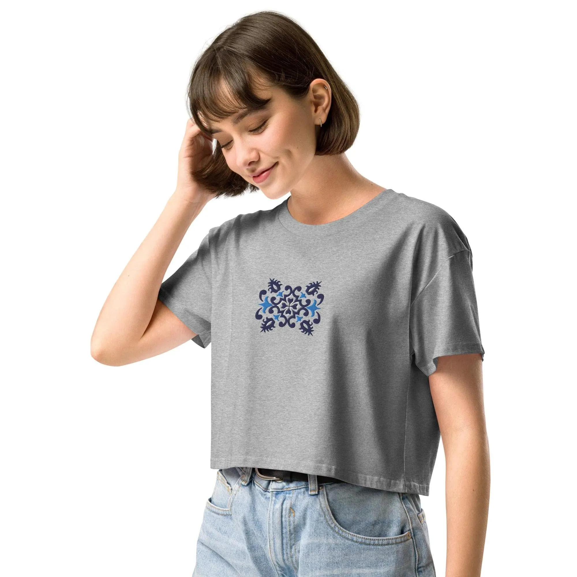 Portuguese Azulejo Tile Embroidered Cropped T-Shirt