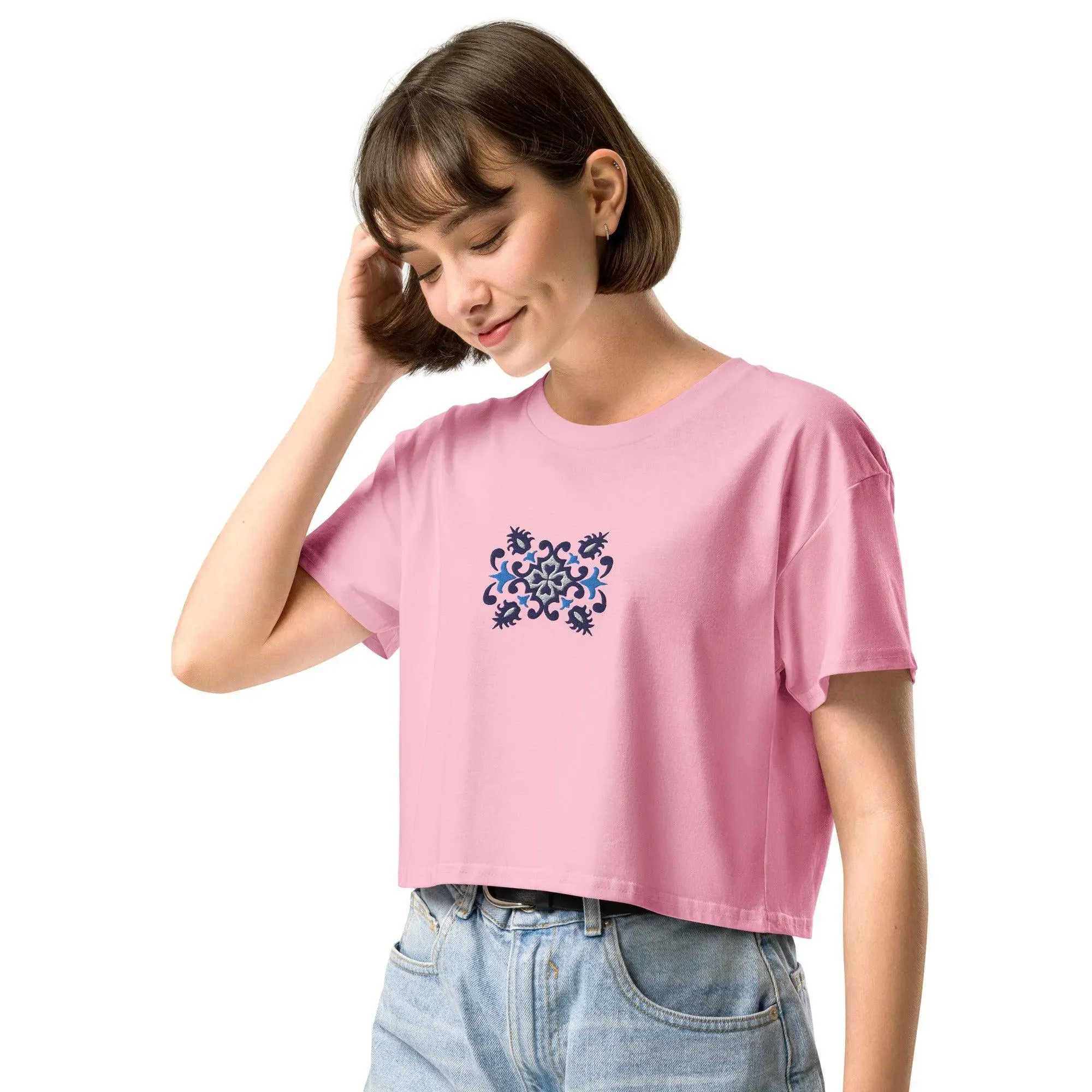 Portuguese Azulejo Tile Embroidered Cropped T-Shirt