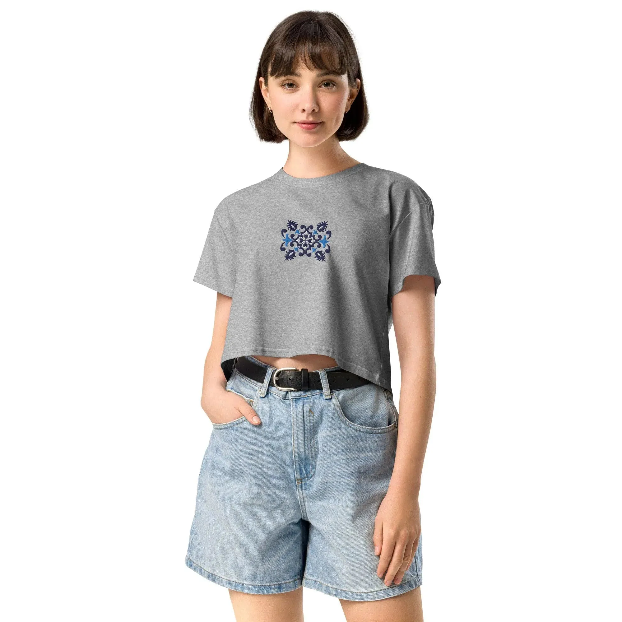 Portuguese Azulejo Tile Embroidered Cropped T-Shirt