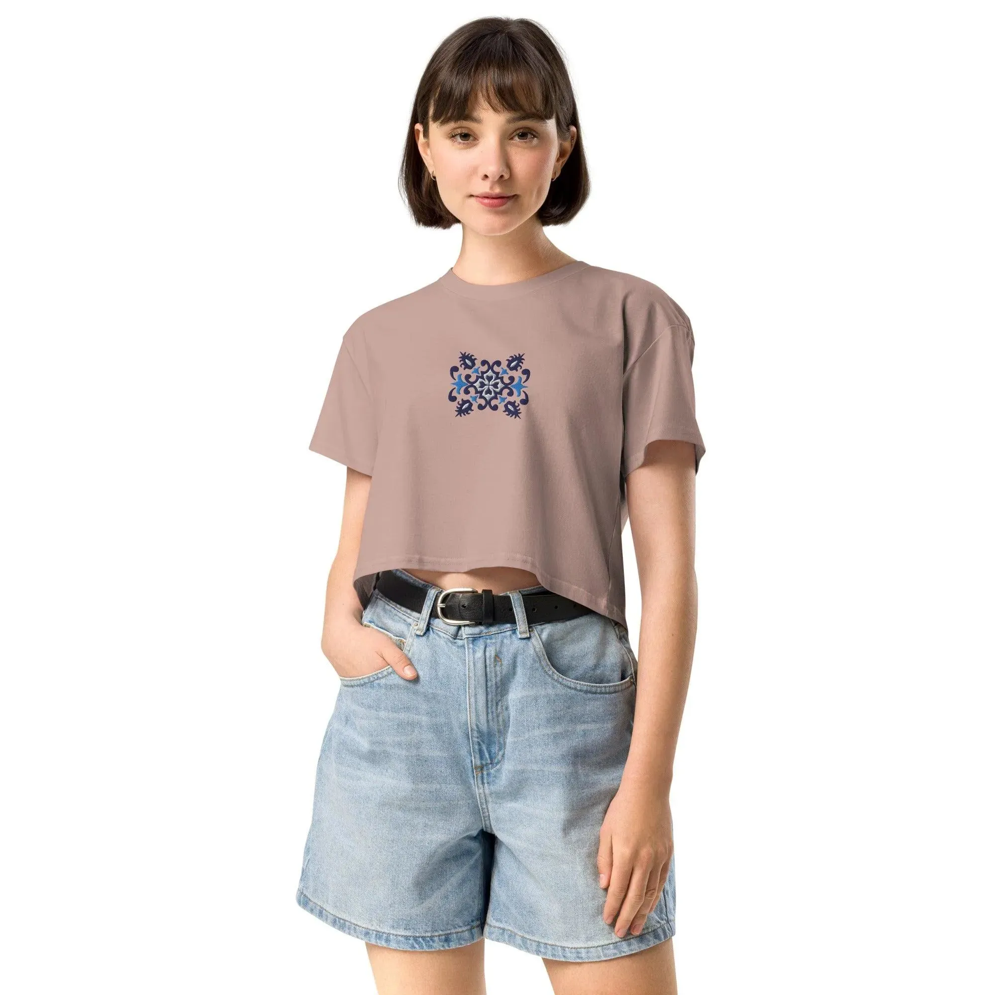 Portuguese Azulejo Tile Embroidered Cropped T-Shirt