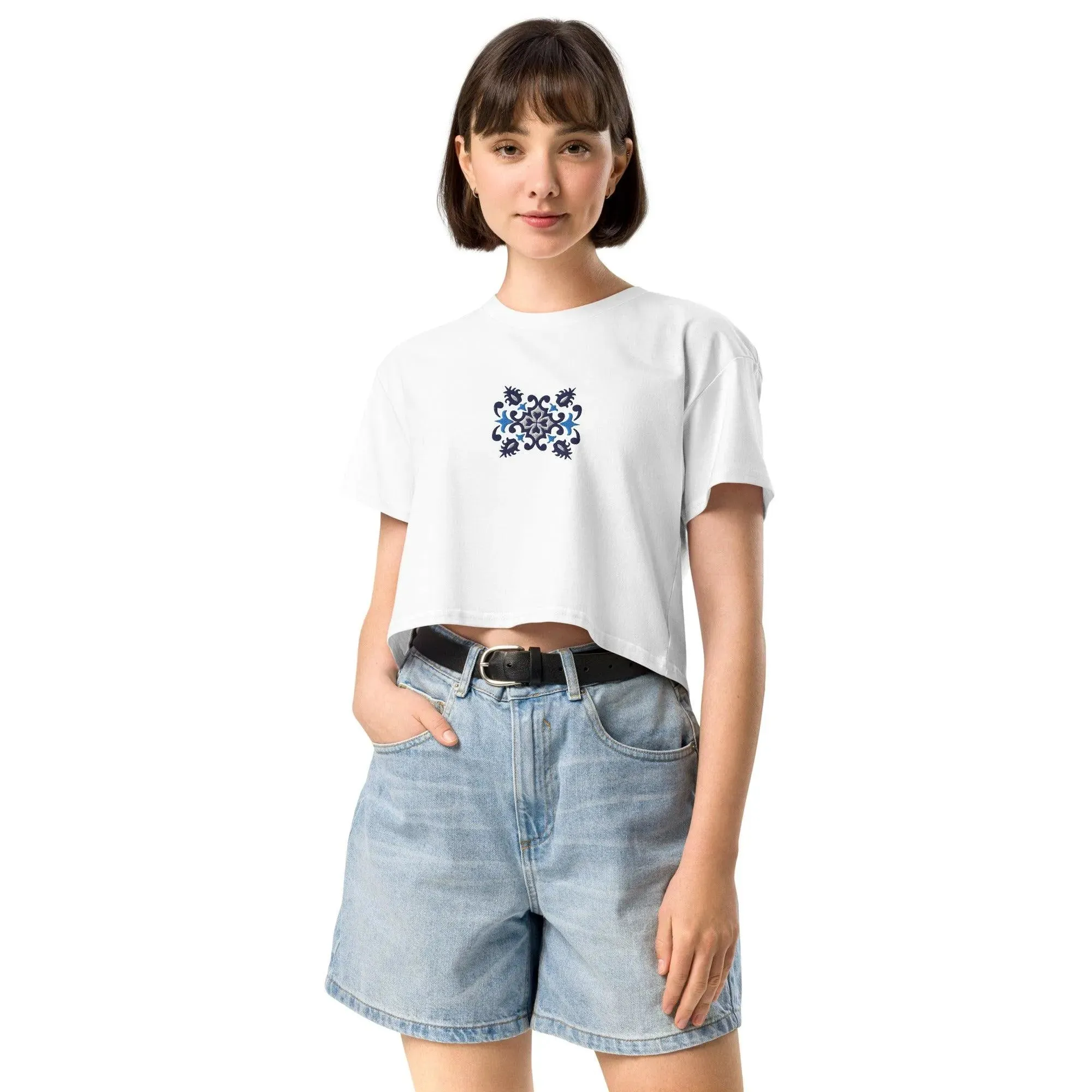 Portuguese Azulejo Tile Embroidered Cropped T-Shirt