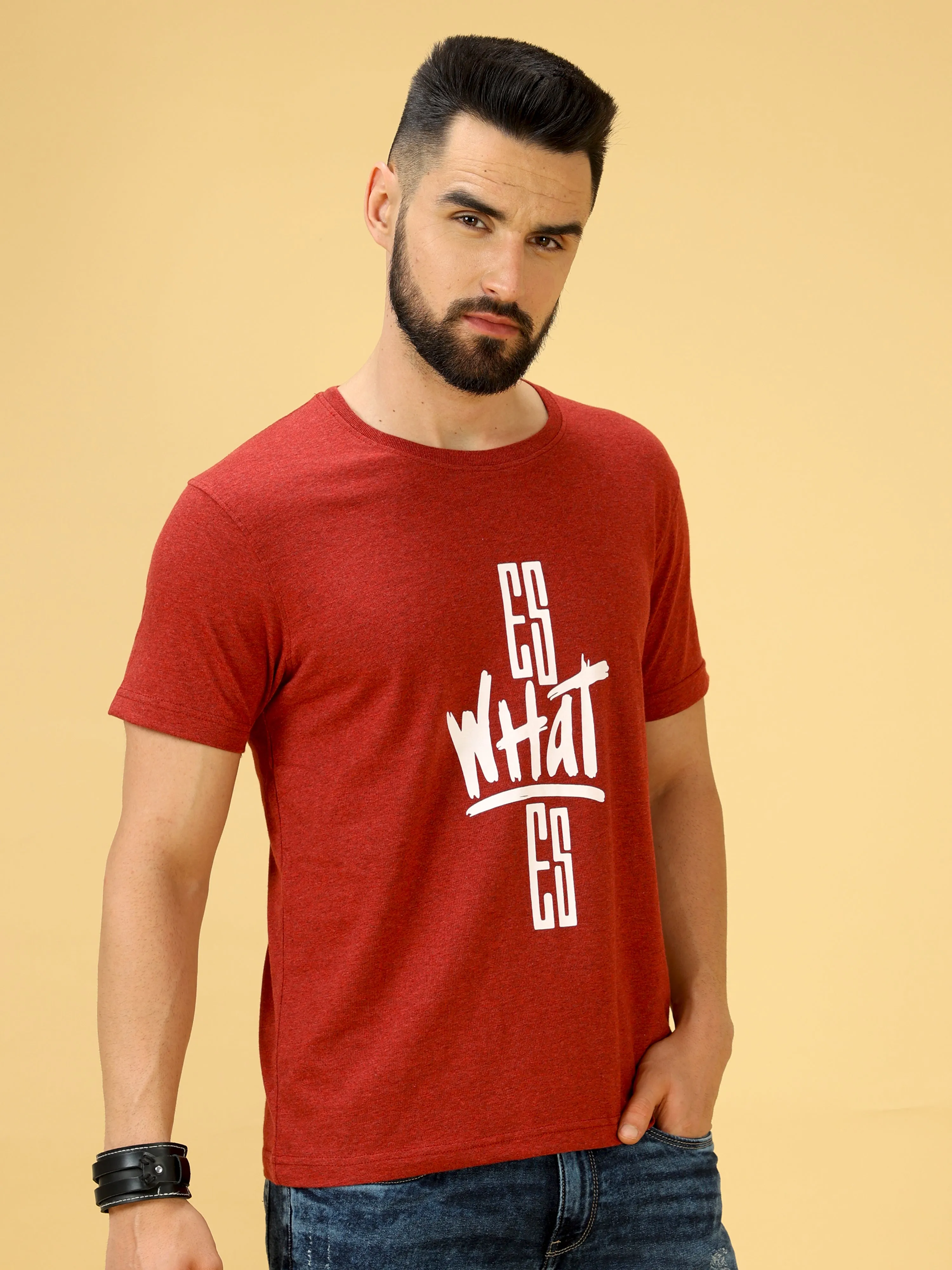 Red and White Print Crew Neck T-Shirt