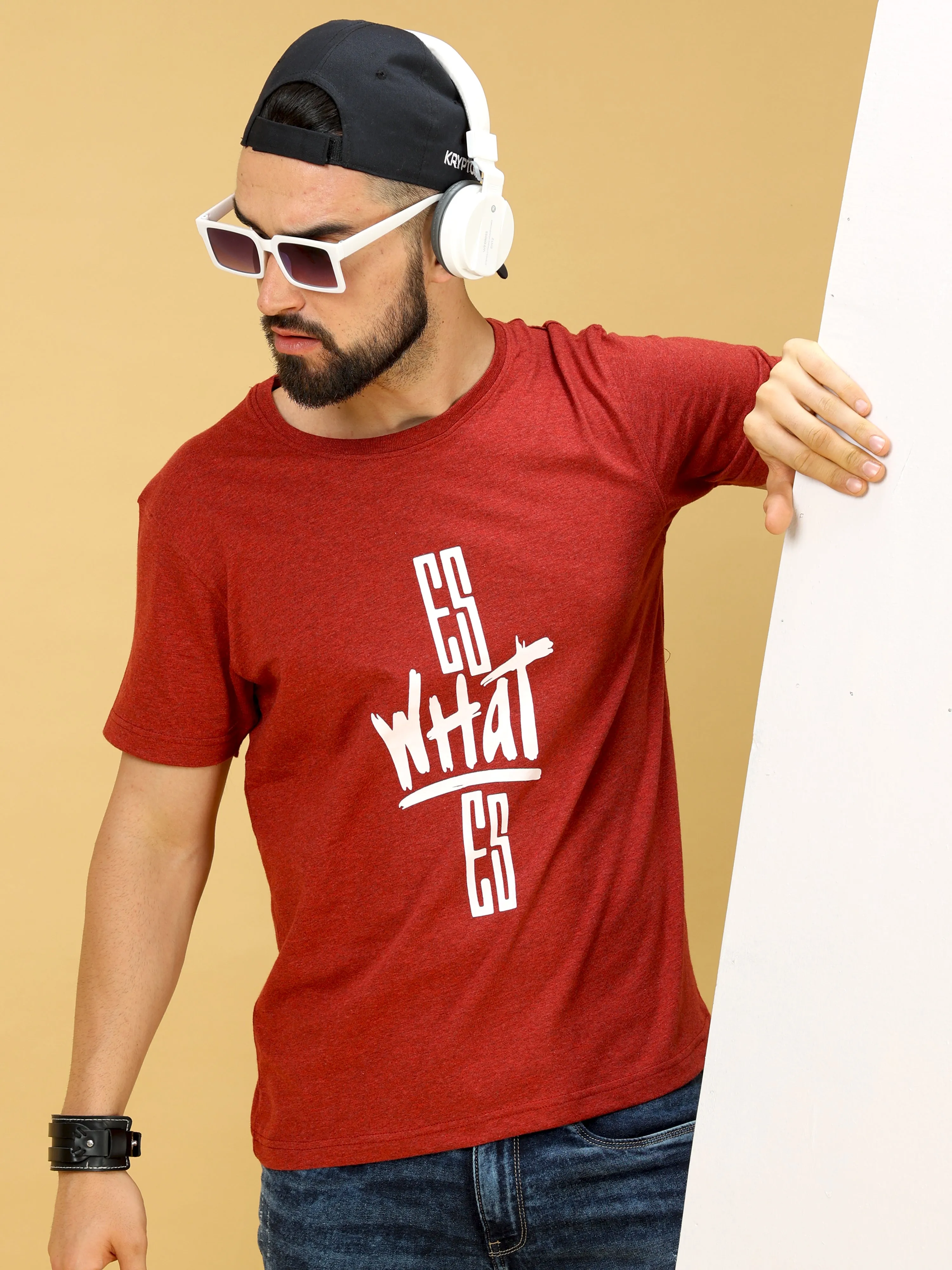 Red and White Print Crew Neck T-Shirt