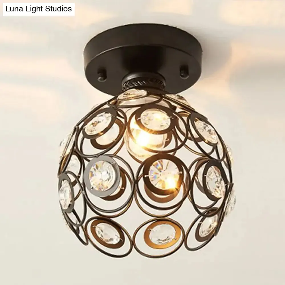 Retro Crystal Ceiling Light: Black Semi Flush Single-Bulb Design for Corridor