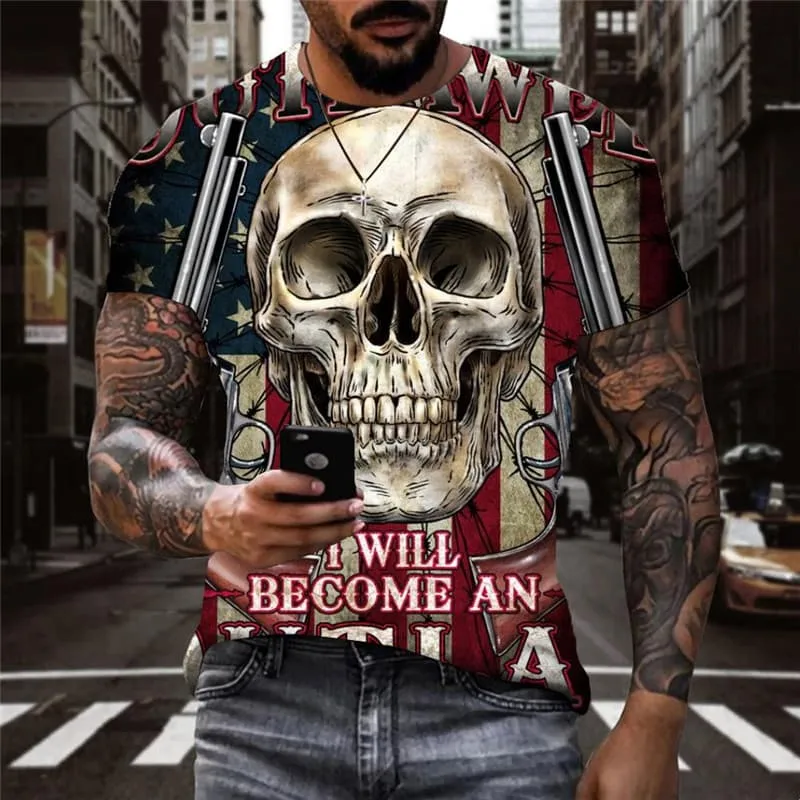 Skull T-shirt Men Gun Tshirt Printed War Funny T shirts Harajuku T-shirts 3d