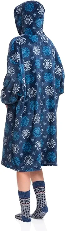 Snowflake Print Blue Wearable Blanket Hoodie for Women