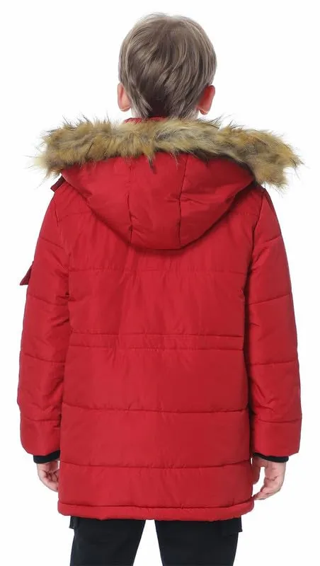 TRATENBY Boy's Warm Winter Coat Waterproof Puffer Parka Jacket with Removable Hood-Red-12-13