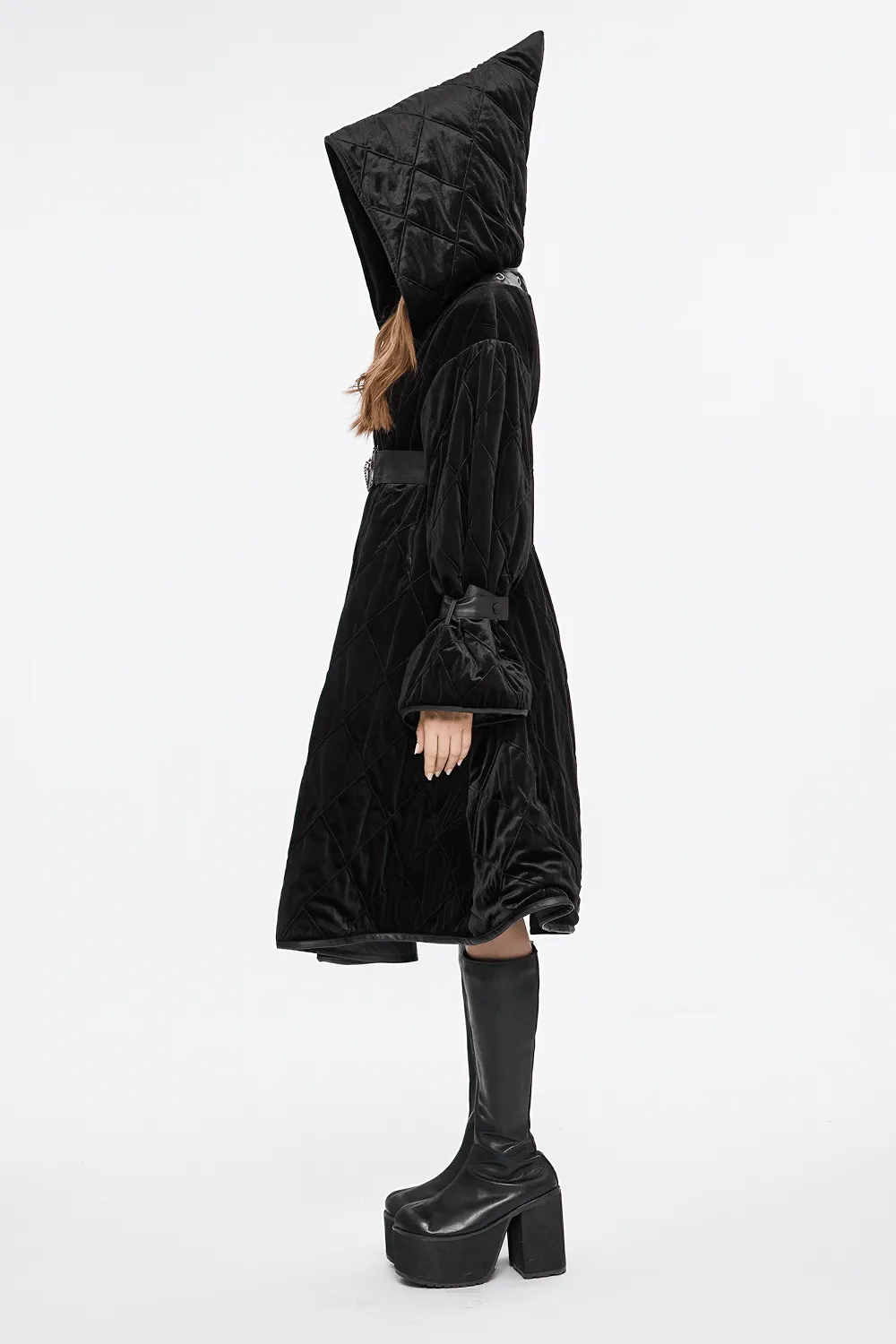 Velvet Gothic Hooded Long Coat With Detachable Leather Belt