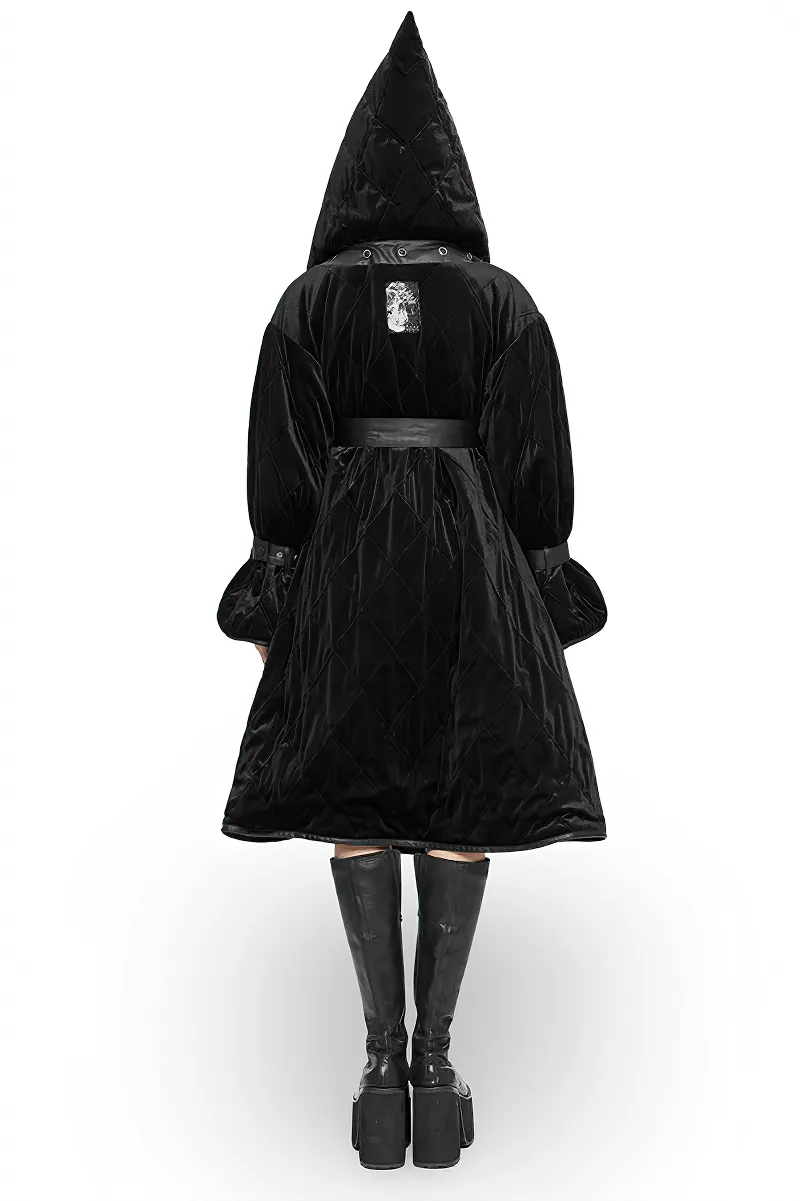 Velvet Gothic Hooded Long Coat With Detachable Leather Belt