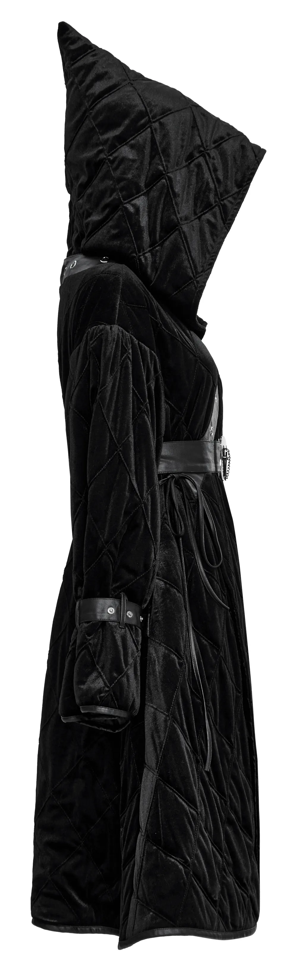 Velvet Gothic Hooded Long Coat With Detachable Leather Belt