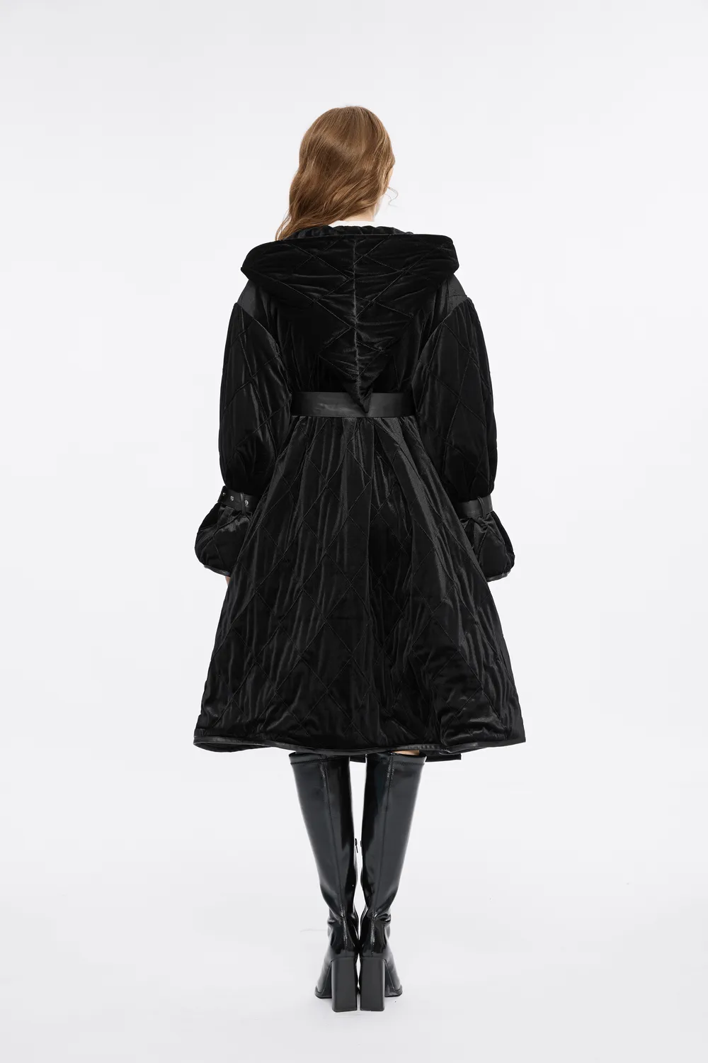 Velvet Gothic Hooded Long Coat With Detachable Leather Belt