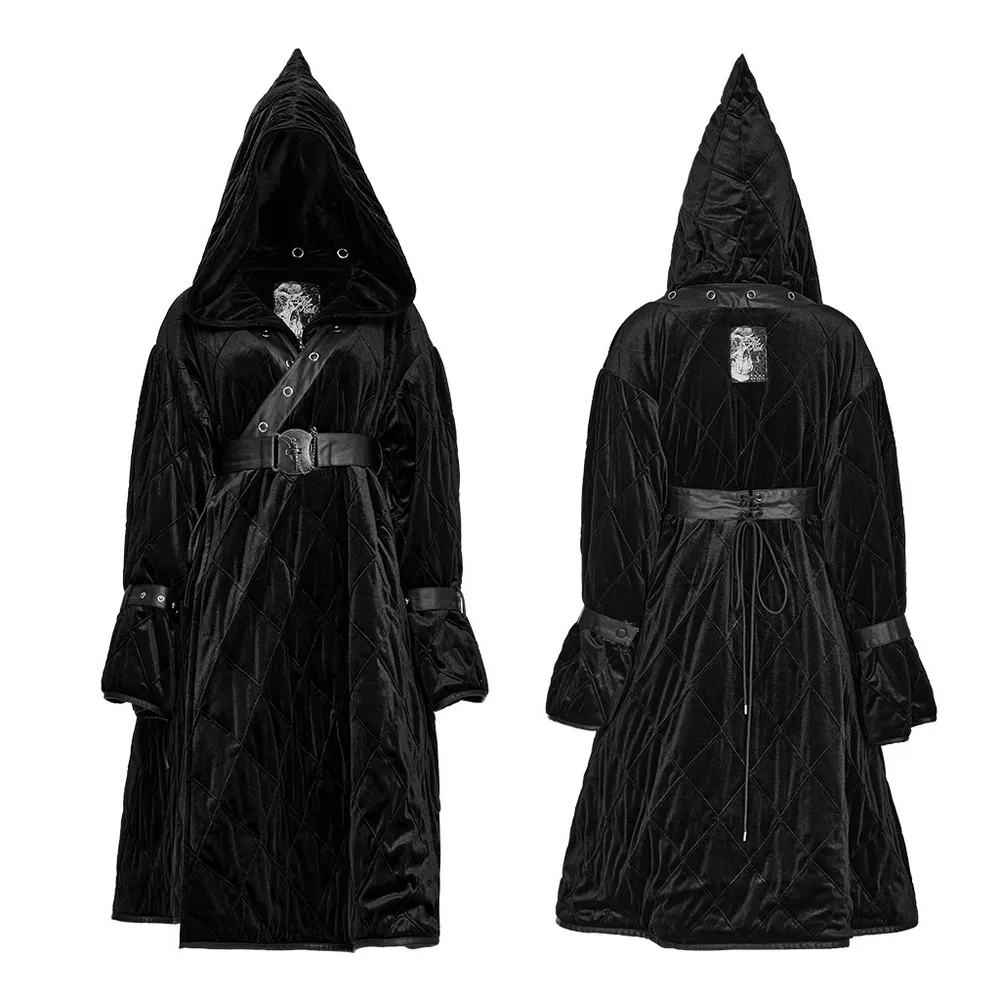 Velvet Gothic Hooded Long Coat With Detachable Leather Belt