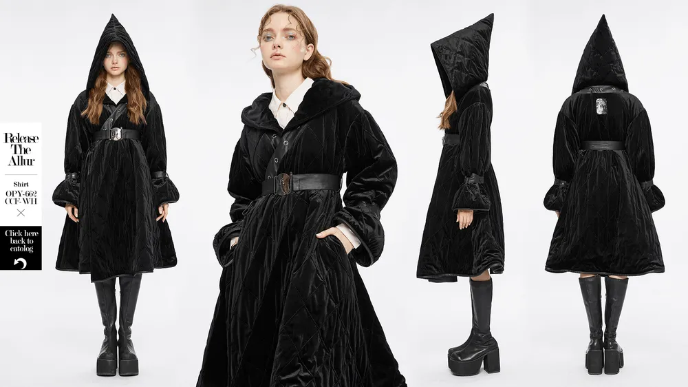 Velvet Gothic Hooded Long Coat With Detachable Leather Belt