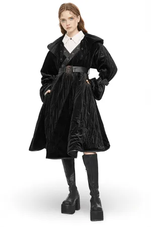 Velvet Gothic Hooded Long Coat With Detachable Leather Belt