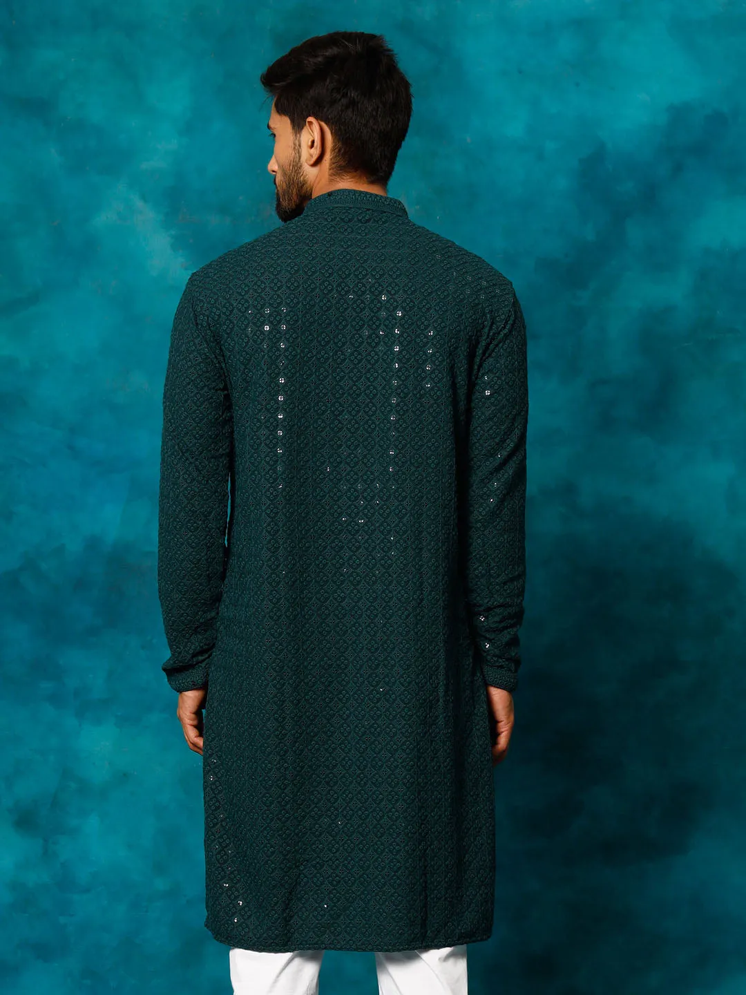 VM By VASTRAMAY Men's Green Rayon Schiffli  Kurta