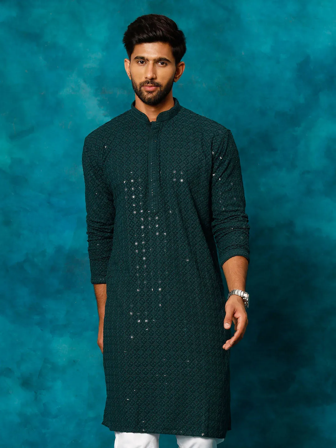 VM By VASTRAMAY Men's Green Rayon Schiffli  Kurta