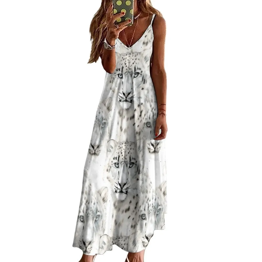 White Leopard Spaghetti Strap Ankle-Length Dress Long dress