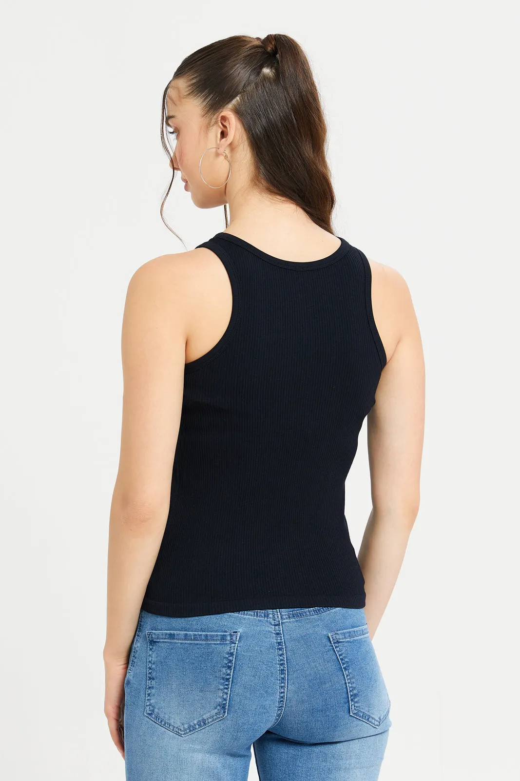 Women Black Ribbed Vest Top