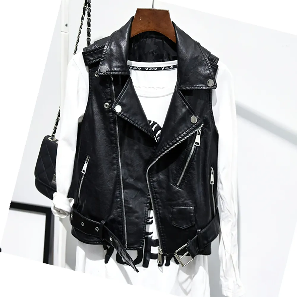 Women's Black PU Leather Zipper Vest / Fashion Female Short Slim Vests in Punk Style