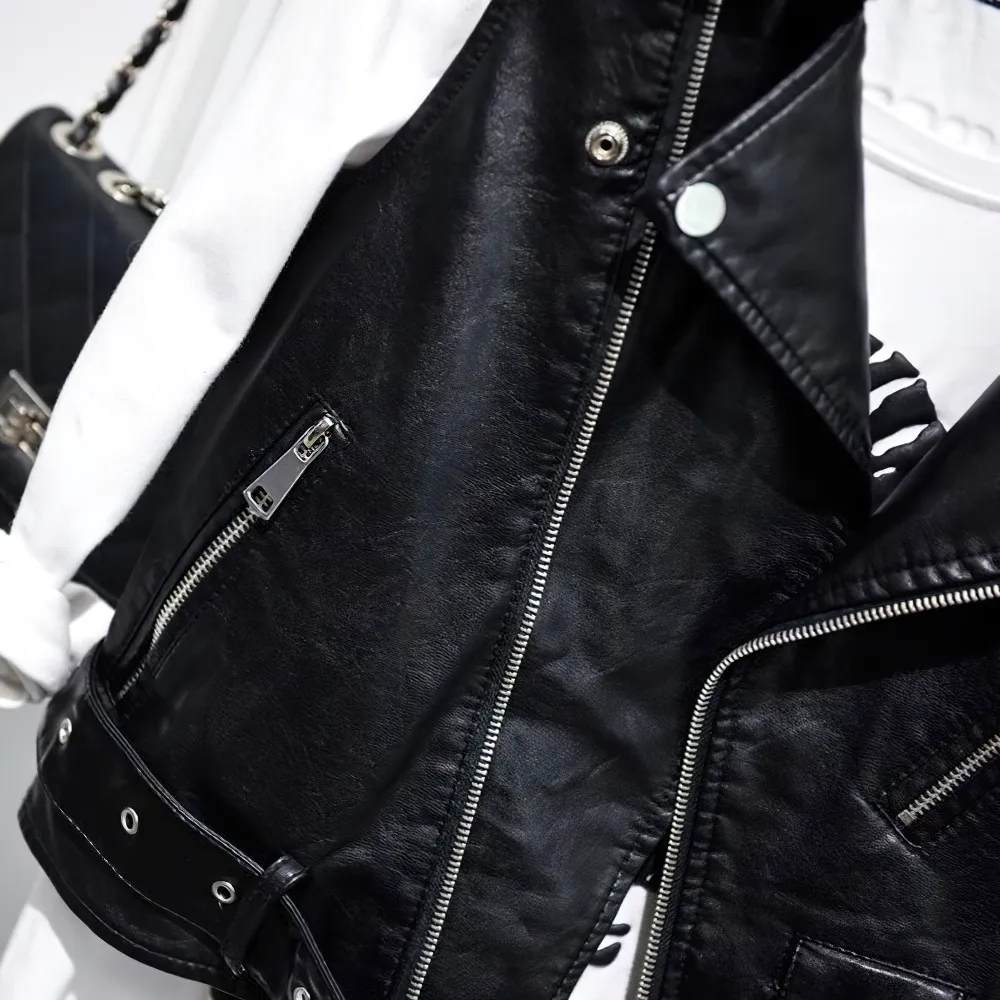 Women's Black PU Leather Zipper Vest / Fashion Female Short Slim Vests in Punk Style