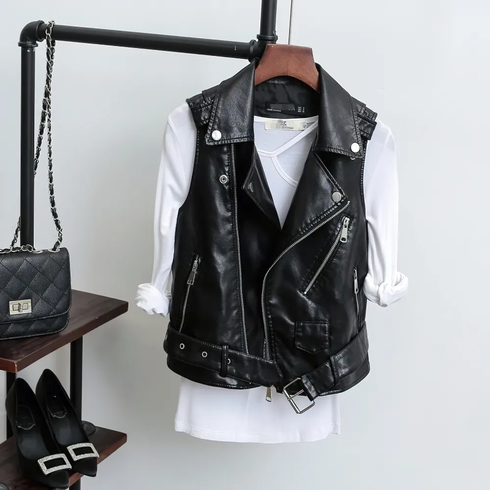 Women's Black PU Leather Zipper Vest / Fashion Female Short Slim Vests in Punk Style