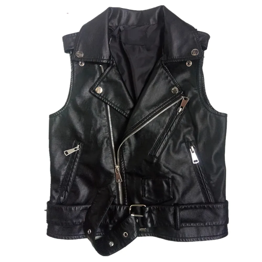 Women's Black PU Leather Zipper Vest / Fashion Female Short Slim Vests in Punk Style