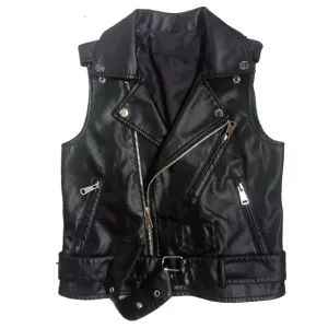 Women's Black PU Leather Zipper Vest / Fashion Female Short Slim Vests in Punk Style