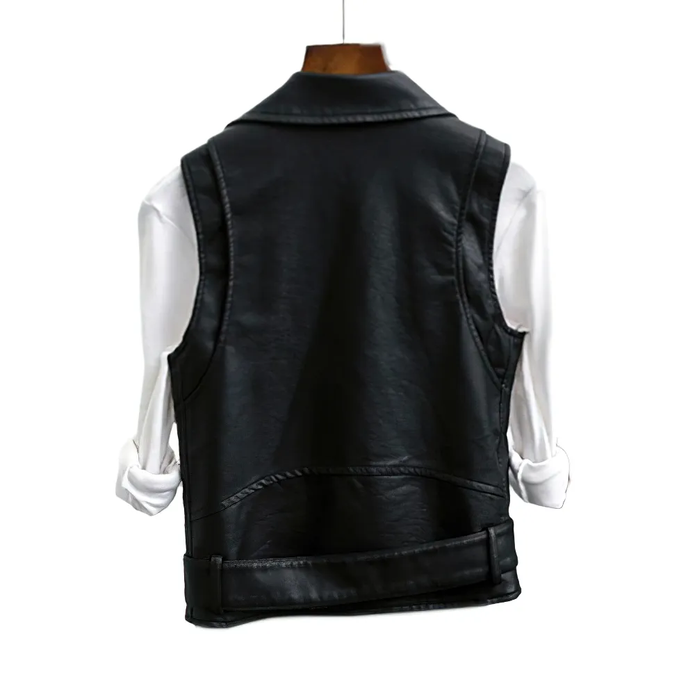 Women's Black PU Leather Zipper Vest / Fashion Female Short Slim Vests in Punk Style