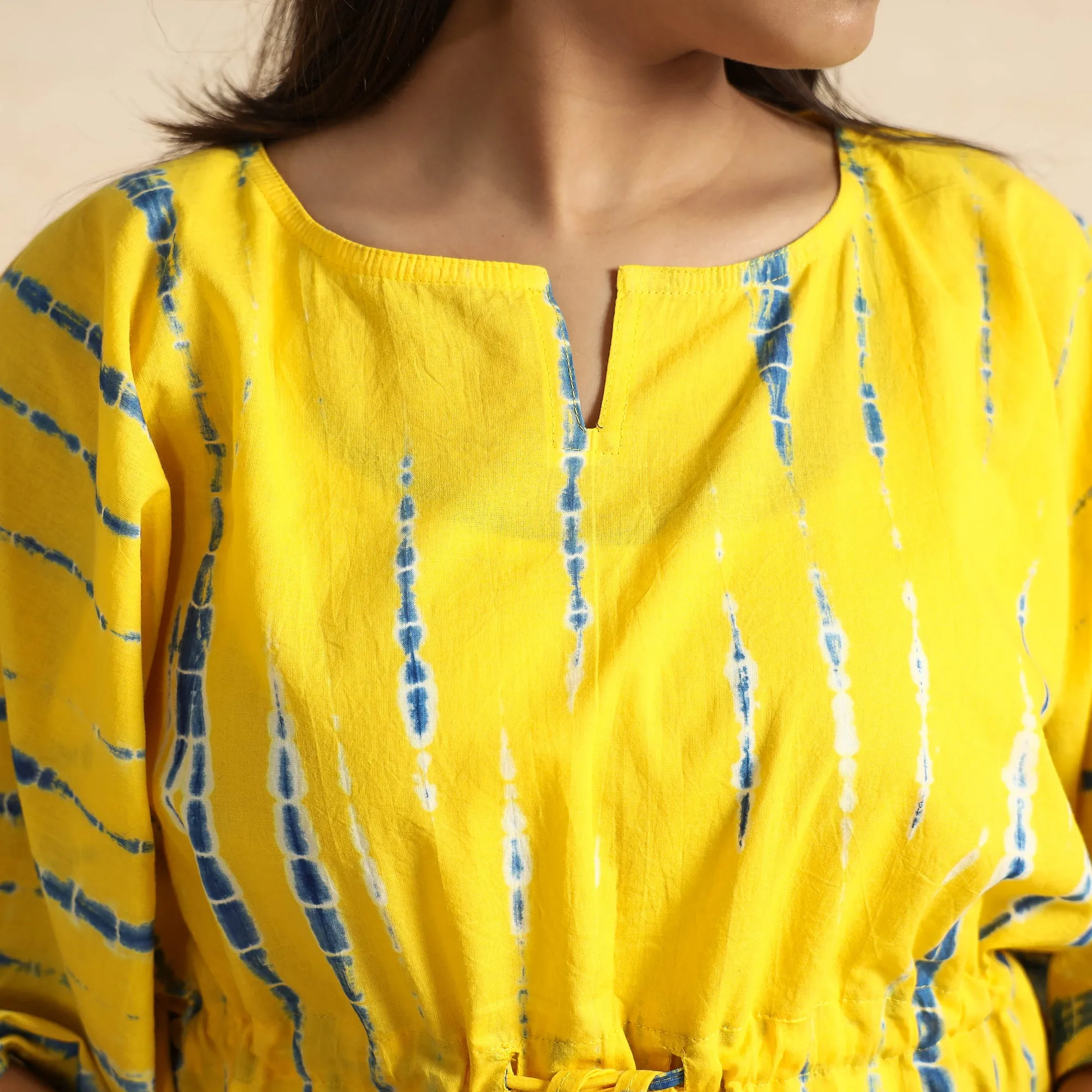 Yellow - Shibori Tie-Dye Cotton Kaftan & Pyjama Night Suit Set