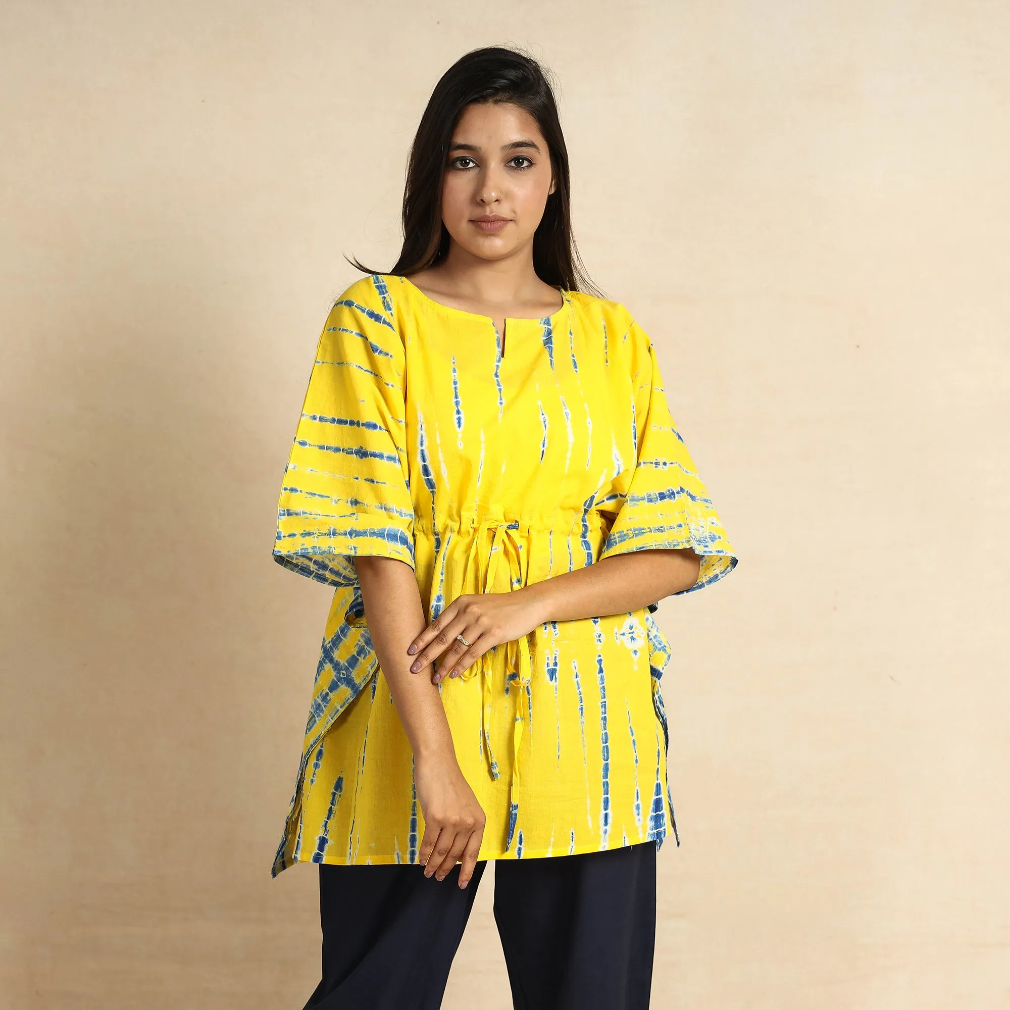 Yellow - Shibori Tie-Dye Cotton Kaftan & Pyjama Night Suit Set