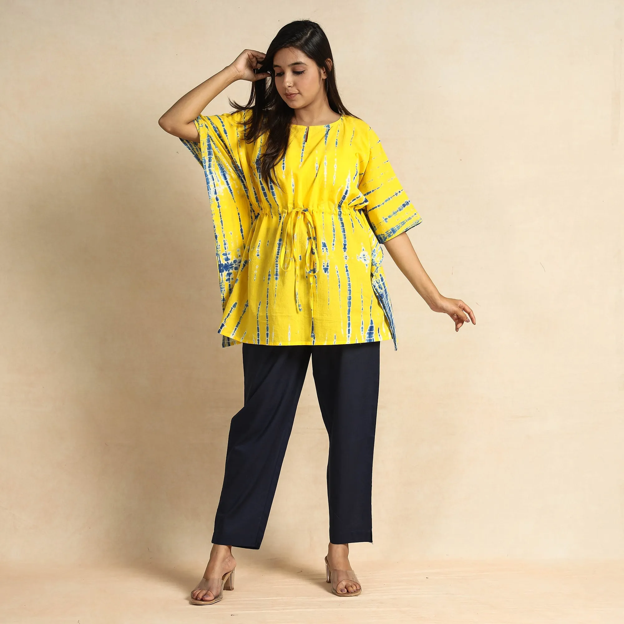 Yellow - Shibori Tie-Dye Cotton Kaftan & Pyjama Night Suit Set