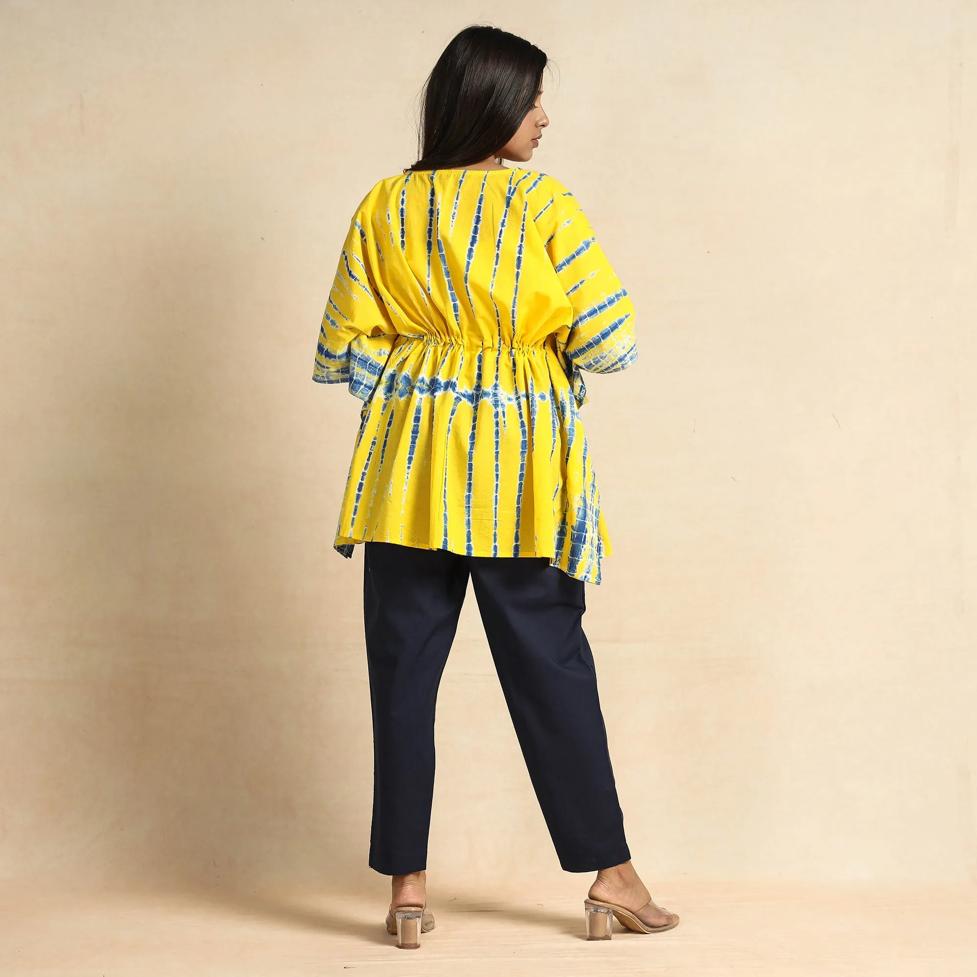 Yellow - Shibori Tie-Dye Cotton Kaftan & Pyjama Night Suit Set