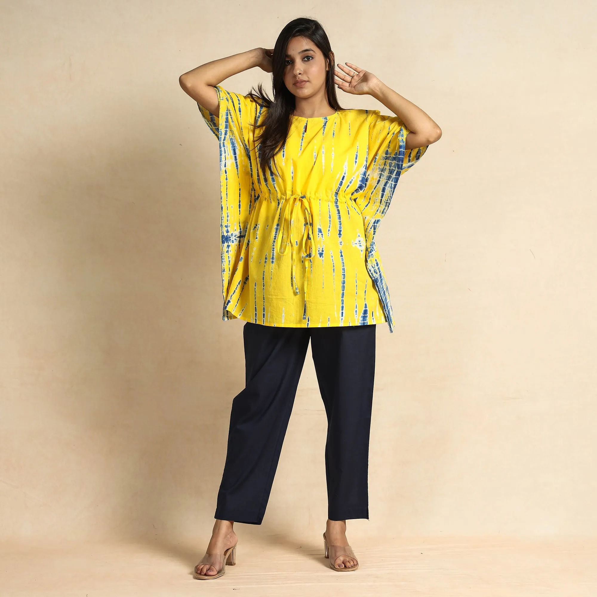 Yellow - Shibori Tie-Dye Cotton Kaftan & Pyjama Night Suit Set