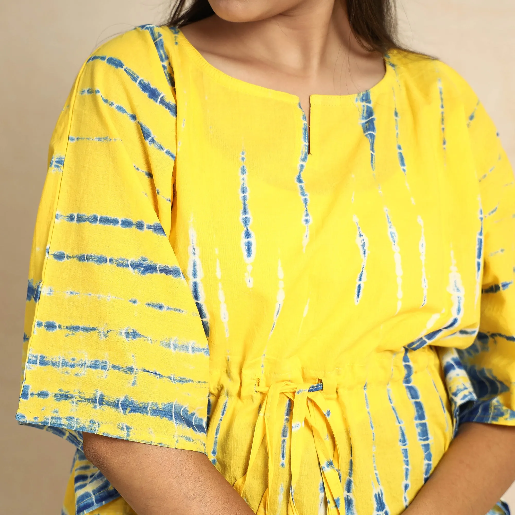 Yellow - Shibori Tie-Dye Cotton Kaftan & Pyjama Night Suit Set