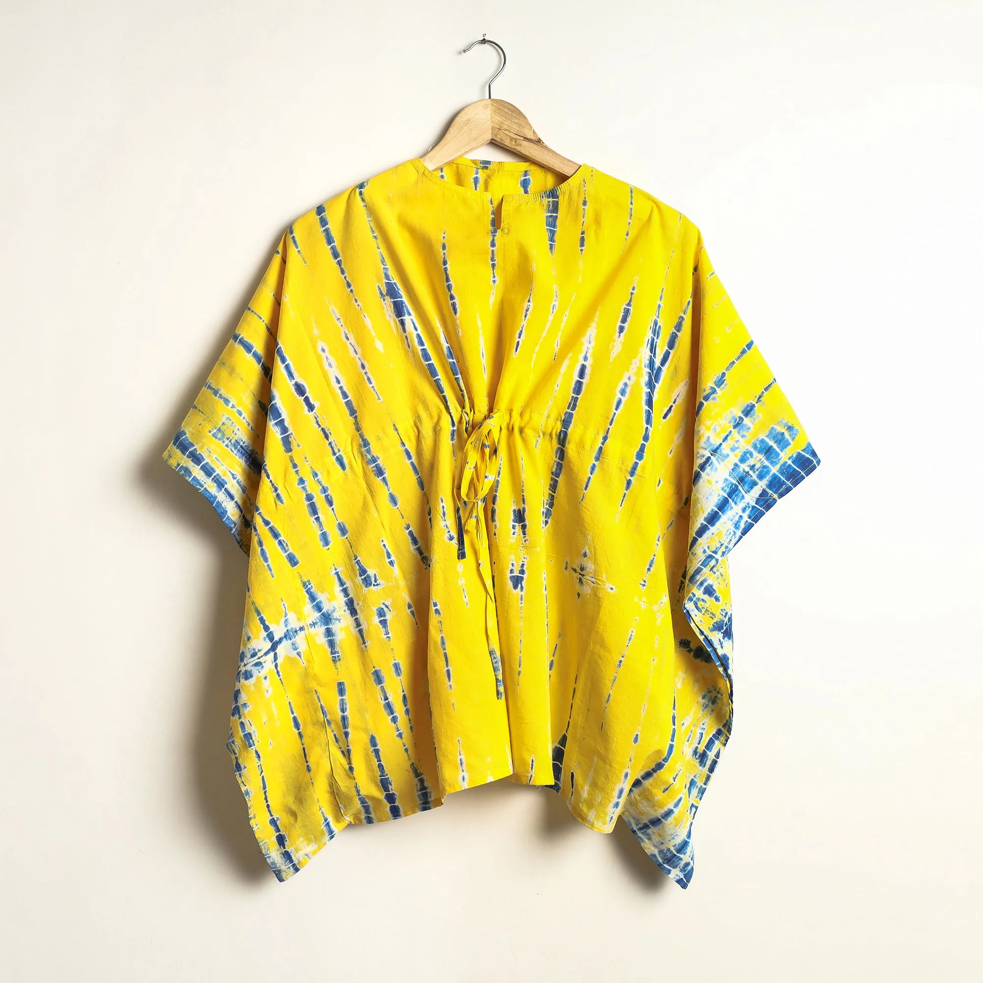 Yellow - Shibori Tie-Dye Cotton Kaftan & Pyjama Night Suit Set